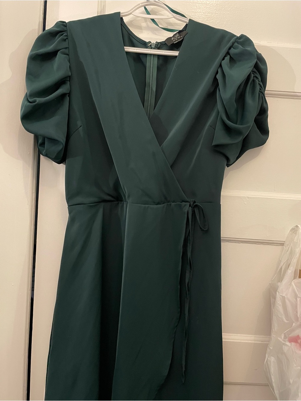 AX Paris Emerald Green Wrap styled Midi Dress with Ruched Puff Sleeves